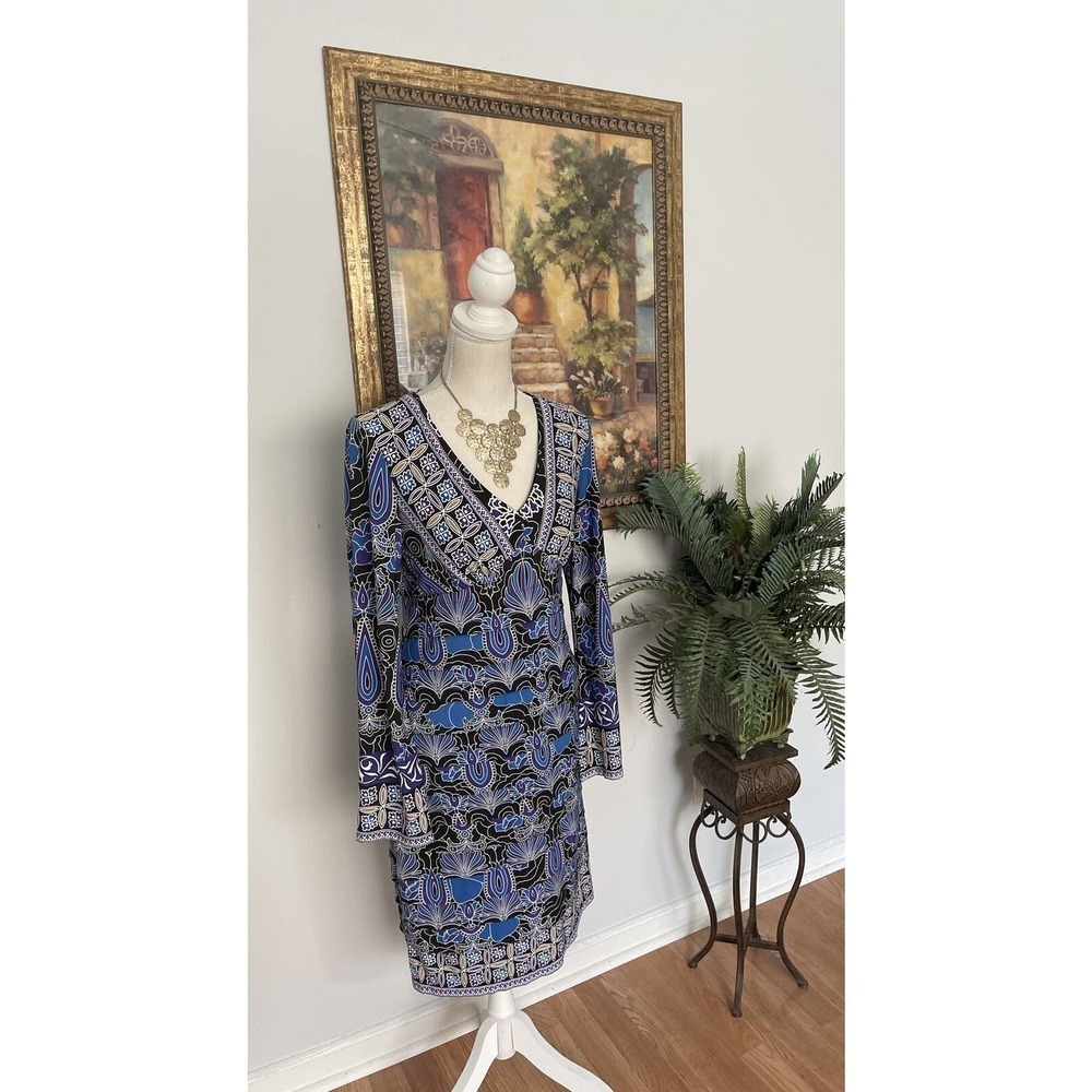 London Times Dress Women sz 10P Petite Sheath Tiered Long Sleeve V Neck Stretch